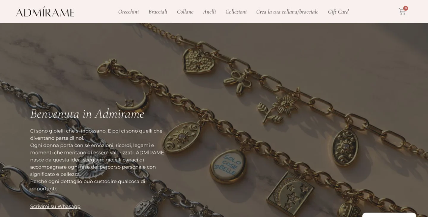 Homepage dell’e-commerce ADMÍRAME con gioielli e collezioni