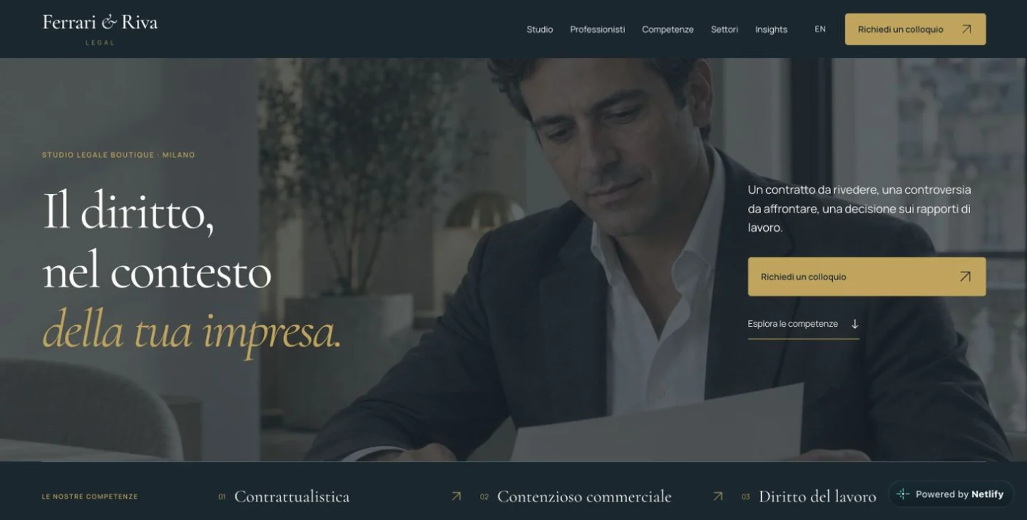 Homepage di Ferrari & Riva Legal con competenze e richiesta di colloquio