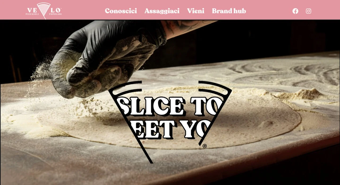 Homepage di Velo Pizzaioli Popolari con fotografia dell’impasto e identità rosa